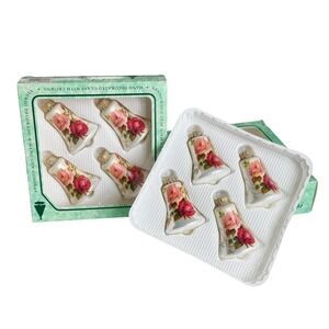 Vintage Krebs Glass Victorian Roses Bell Ornaments 3" Set of 8
